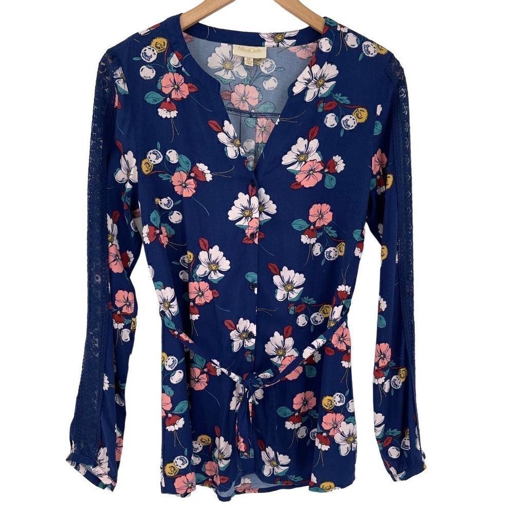 NWOT ModCloth Long Lace Sleeve Tie Belt Floral Blouse Floral Women Medium Blue